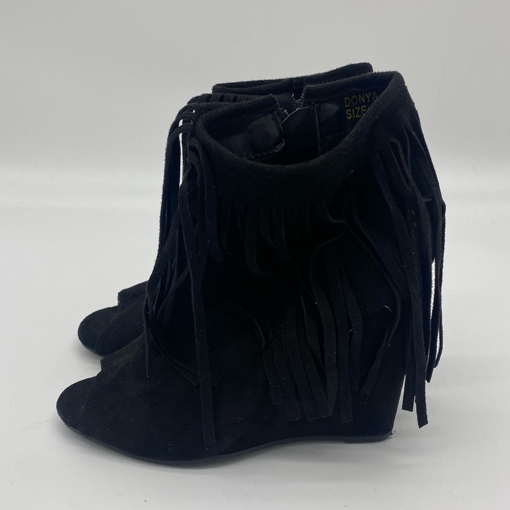 Adriana New York Black Faux Suede Open Toe Fringe Wedge Booties